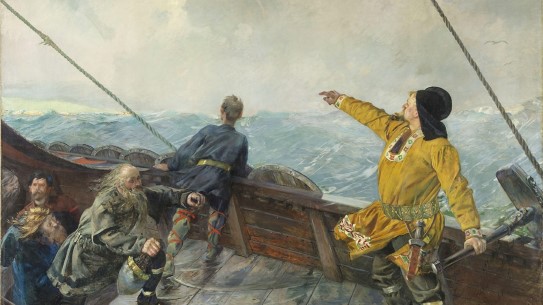 Christian Krohg, «Leiv Eiriksson oppdager Amerika» (utsnitt), 1893