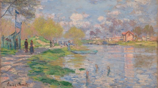 Claude Monet, «Vår ved Seinen» (utsnitt), 1878. Folk rusler ved en rolig elv