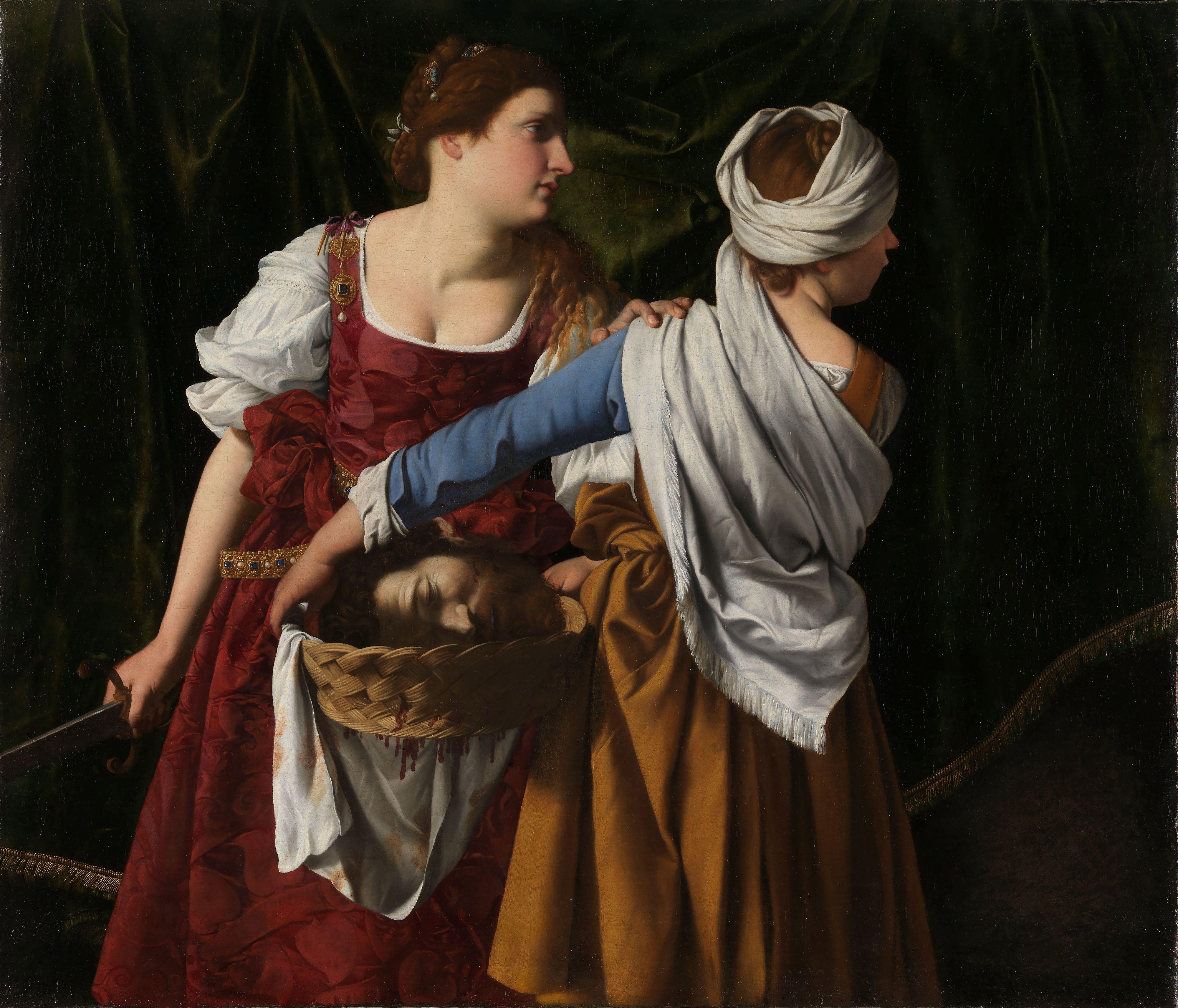 To kvinner står sammen, en med kvin, en annen med et avkuttet hode i en kurv. Maleri med mørke farger.