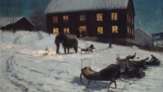 Lars Jorde, «Julegilde» (utsnitt), 1895 Snøkledd bakke foran gammelt trehus, med varme lys fra vinduer og lykt ved en hest og slede