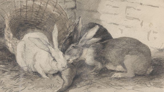 Tegning av tre kaniner, en veltet kurv i bakgrunnen