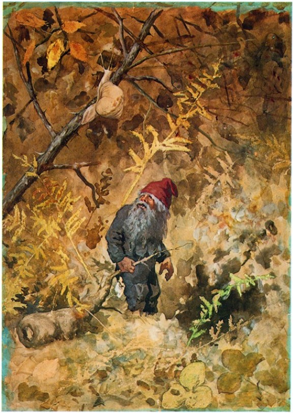 En nisse og en stor snegle på skogens bunn