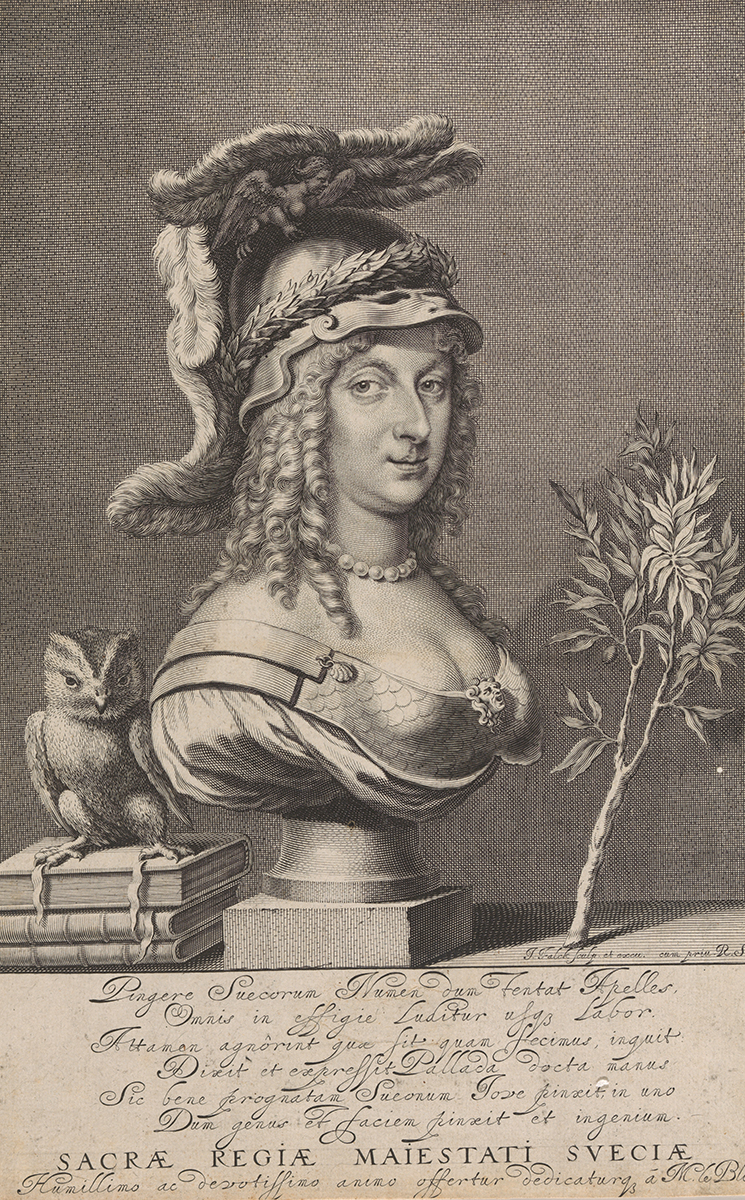 Christina of Sweden in the form of a bust, surrounded by an owl, olive branch and books