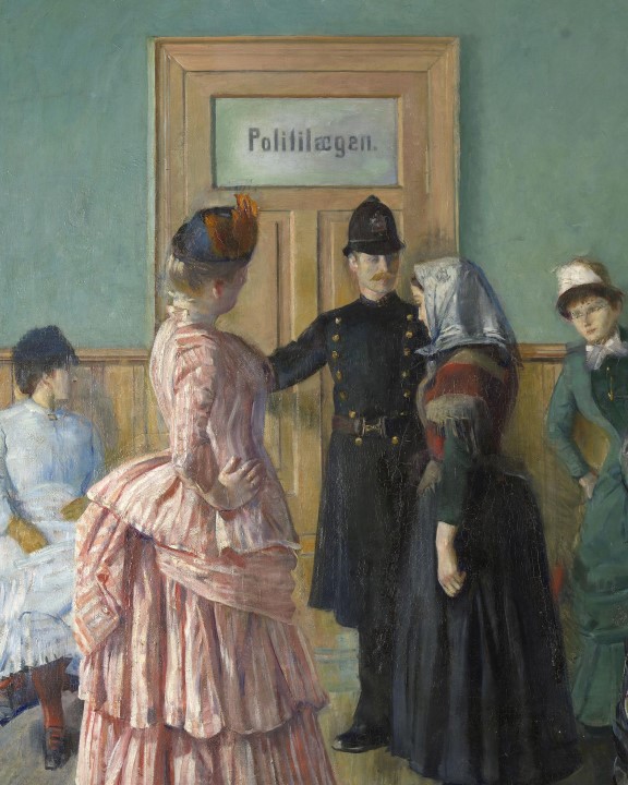 Christian Krohg, «Albertine i politilegens venteværelse» (utsnitt), 1887 Utsnitt fra oljemaleri av prostituert kvinne på vei inn til politilegens kontor