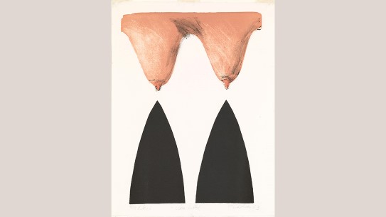 A K Dolven, Uten tittel, 1983. Bildet viser to bryst, fremstilt hengende ned fra toppen av arket. Fra motsatt side står to svarte spisse, truende våpenlignende