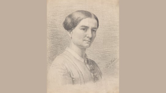 Aasta Hansteen, «Selvportrett», 1869 Selvportrett av kunstneren Aasta Hansteen i halvprofil, utført med blyant.
