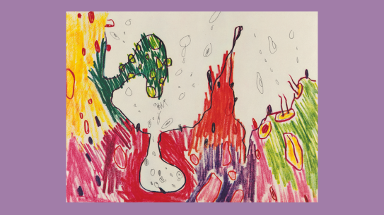 Carroll Dunham, «Seven Places (Gamma)», 1994 Abstrakt fargerikt bilde med bølgende former.