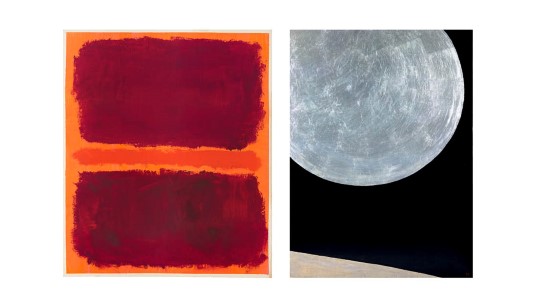 A.E. Bergman, «N°55-1969 Autre terre, autre lune», 1969. © Bergman, Anna-Eva / BONO. Foto:Stiftelsen Hartung-Bergman. M. Rothko, Bildet viser et maleri med oransje og røde felt av maling og et maleri med en sølvmåne mot svart bakgrunn.