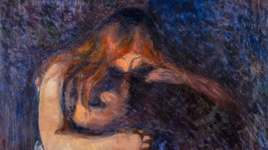 Edvard Munch, «Vampyr», 1893 En kvinne med langt rødt hår bøyer seg over en mann og omfavner ham.