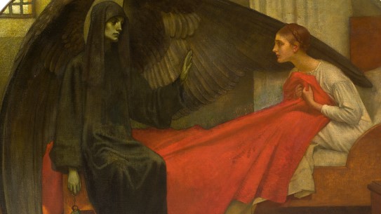 Marianne Stokes, «Døden og den unge jenta» (utsnitt), ca. 1908 En svart engel viser seg på sengekanten til en ung jente, som forskrekket setter seg opp