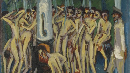 Ernst Ludwig Kirchner, Soldatbadet, 1915, (Utsnitt) Nakne menn står tettpakket i en dusj