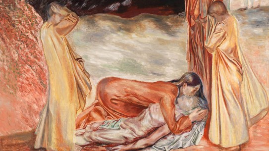 Henrik Sørensen, «Pieta», 1922-23. (Utsnitt) En kvinneskikkelse kneler over en mann på bakken. Rundt dem står tre personer i tydelig sorg og fortvilelse