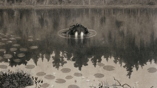 Theodor Kittelsen, «Nøkken» (utsnitt),1887 Tegning av et vann i skumring med nøkken som lurer under overflaten.
