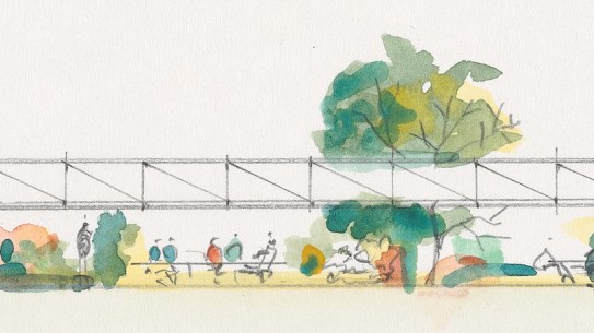 Brendeland & Kristoffersen Arkitekter, «Garden (detalj)», 2018 Detalj fra en hage med trær, mennesker rundt et bord og en lett horistontal konstruksjon i luften over dem