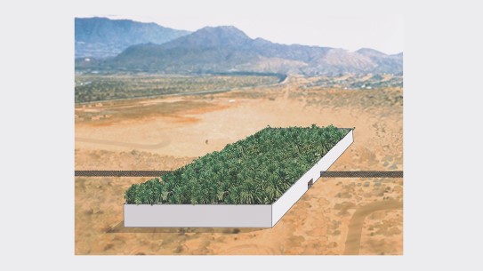 OFFICE Kersten Geers David Van Severen & Wonne Ickx, «Grensehage», 2005 Ørkenlandskap med fjellkjede i bakgrunnen. en inngjerdet hage midt i ørkenen over en lukket grense.