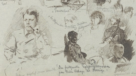 Erik Werenskiold, «Portrettstudier; Tre figurer ved pianoscene» (utsnitt), 1870-tallet. Bildet viser skisseaktige portrettstudier av mennesker som røyker, tenker og leser.
