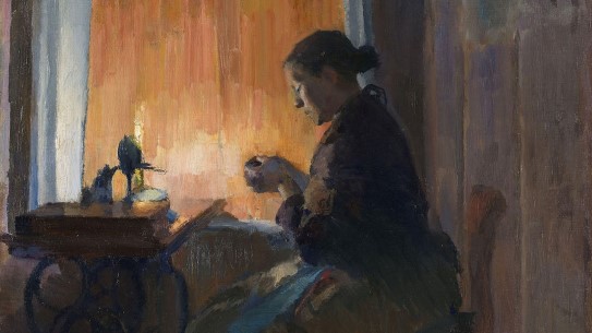 Harriet Backer, «Syende kvinne ved lampelys» (utsnitt), 1890.