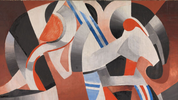 Abstrakt, nonfigurativt kubistisk maleri med bølgende former i svart som graderes til grått, hvitt og rødt med innslag av blått.