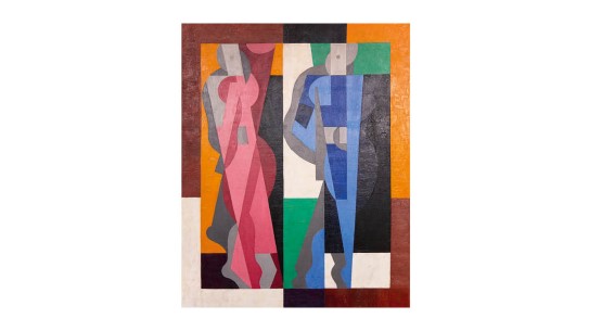 Thorvald Hellesen, «Dansere», 1925. Privat eie. Abstrakt kubistisk maleri med to dansere i henholdsvis blått og rosa innrammet av svarte og brune felt