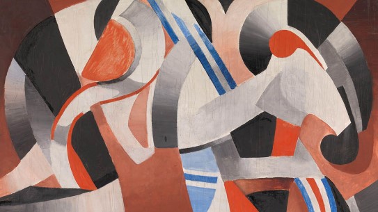 Thorvald Hellesen, «Komposisjon», ca. 1914–16. Abstrakt og nonfigurativt kubistisk maleri med bølgende former i svart graderes til grått, hvitt og rødt med innslag av blått