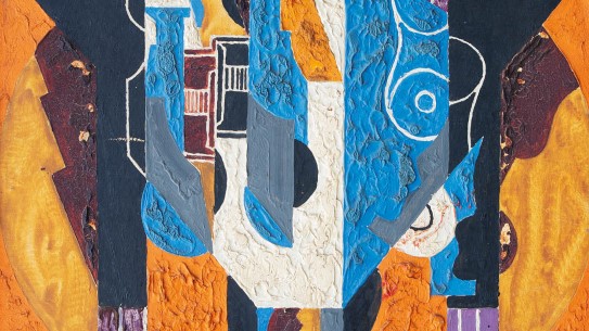 Thorvald Hellesen, «Komposisjon», ca. 1915–16. Privat eie. Abstrakt kubistisk maleri i orange, blått, lilla og hvitt på svart bunn.