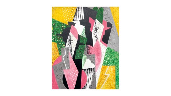 Thorvald Hellesen, «Komposisjon», ca. 1915–16. Privat eie. Abstrakt kubistisk maleri i grønt, gult, rosa, hvitt, grått og svart.