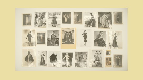 Selection of Couture Houses Media Images. Collection: Diktats. Owner: Antoine Bucher and Nicolas Montagne En collage av svart-hvittbilder på en kremgul bakgrunn. Bildene er av kvinner i ulike kjoler.