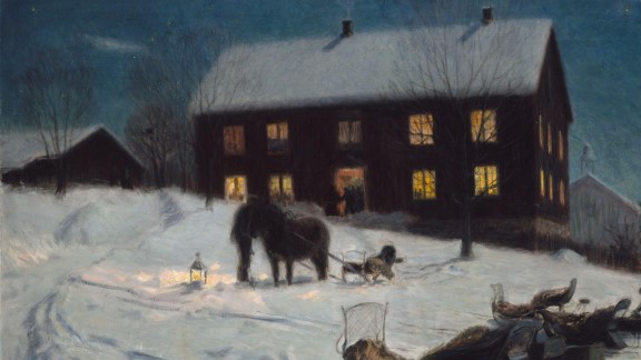Vinterlandskap med hus, mennesker, hest og sleder. 