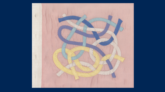 Louise Bourgeois, «Ode à l'Oubli», 2004 (detalj) Fotografi av et tekstilverk av kunstner Louise Bourgeois. Avlange, bølgete tekstilremser er sydd sammen i en organisk form.
