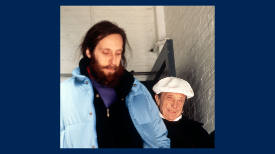Louise Bourgeois leaving her studio in Brooklyn along with her assistant Jerry Gorovoy in 1993.