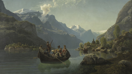 Adolph Tidemand and Hans Gude, "Bridal Procession on the Hardangerfjord", 1848. Private collection