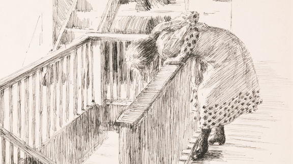 Tegning av jente som lener seg over gelender og ser nedover en trapp