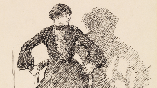 Erik Werenskiold, «Inger-Johanna» (utsnitt), illustrasjon til «Familien på Gilje», 1890-tallet Tegning av kvinne som sitter på en stol og holder armene i siden