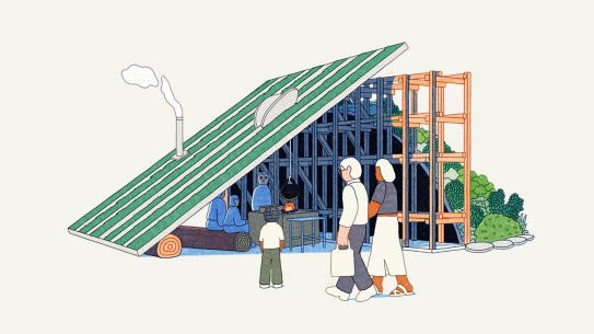 Paviljongen på Museumsplassen. Illustrasjon av Oscar Grønner, 2025 En illustrasjon av en paviljong med gress og planter på taket