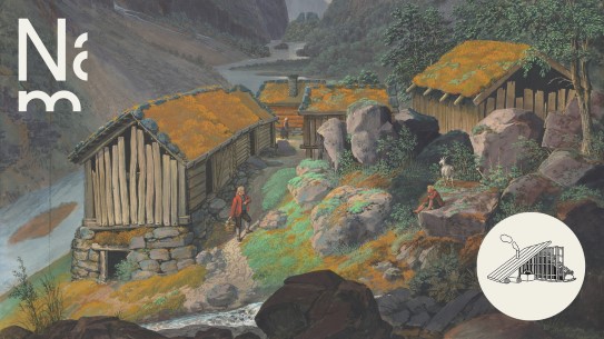 Johannes Flintoe, «Hjølmodalen i Eidfjord» (1833) En tegning av fjell og dal med en liten sæter hvor tre mennesker oppholder seg mellom husene.