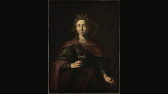 Uidentifisert kunstner, "Den hellige Lucia", Antagelig ca. 1630–1650. En kvinne står med et stettglass i ene hånden. I glasset ligger to øyne.