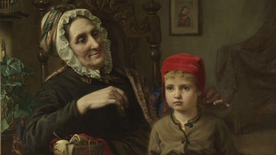 Harriet Backer, «Lille Rødhette» (utsnitt), 1872 Maleriet viser en bestemor som har strikket en ny, rød lue til sitt barnebarn.