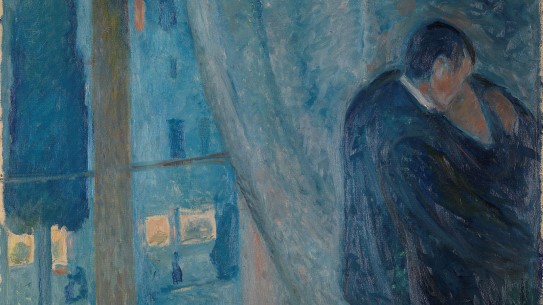 Edvard Munch, «Kyss» (utsnitt), 1892. En mann omfavner en kvinne i en byleilighet foran et vindu