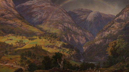 «Fra Stalheim», J. C. Dahl. 1942. Et fjelllandskap fra Vestlandet, med en regnbue over dalen
