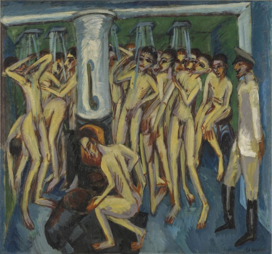 Ernst Ludwig Kirchner, «Soldatbadet», 1915. Verket er et oljemaleri, hundre og førti centimeter bredt og halvannen meter høyt. Motivet er en gruppe nakne menn som dusjer.