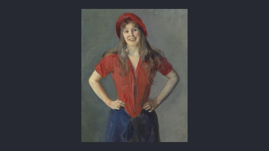 Christian Krogh, «Maleren Oda Krogh», 1888 En kvinne står i rød bluse og rød lue, med hendene i livet. Hun smiler til betrakteren.