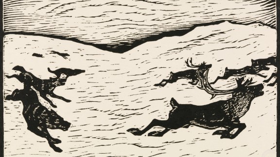 Det grafiske verket viser reinsdyr som løper fra ulv