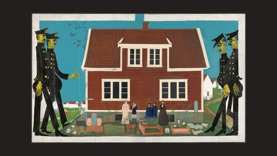 Bendik Riis, «Utkastelsen», 1954 Maleri av familie som kastes ut av eget hjem av to politimenn