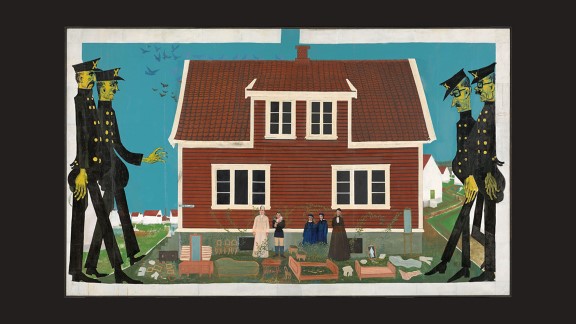 Maleri av familie som kastes ut av eget hjem av to politimenn