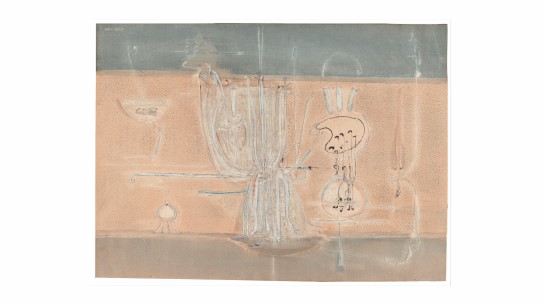 Mark Rothko, «Besvergelse», 1945/1946, private collection, London. © 2024 Kate Rothko Prizel & Christopher Rothko Fotografi av surrealistisk undervannsaktig landskap av Rothko i blå og beige fargetoner