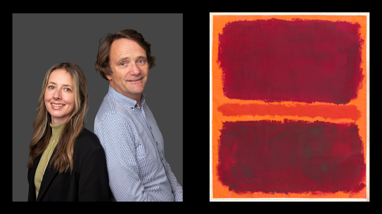 t.v: Karianne Ommundsen og Øystein Ustvedt. t.h: Mark Rothko, «Untitled», 1969 © 2005 Kate Rothko Prizel and Christopher Rothko Til venstre: portrett av foredragsholderne mot grå bakgrunn, til høyre: maleri i rødtoner
