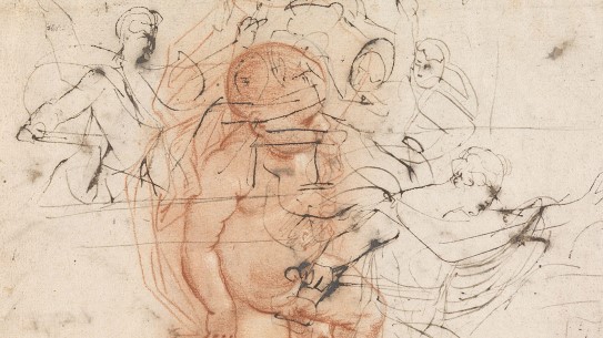 Peter Paul Rubens, «Liggende gutt; kampscene» (utsnitt), 1615 Et spedbarn i helfigur, tegnet med rødkritt opptar store deler av arbeidet.