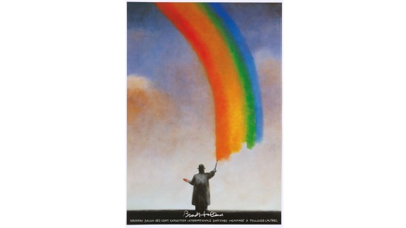 Mann i flosshatt og frakk maler en regnbue på himmelen. 