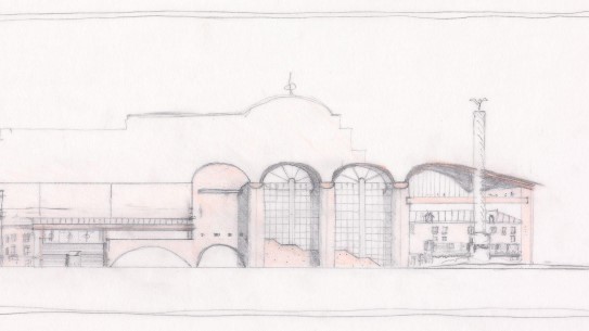 Sverre Fehn, Bastille-operaen. Med Ole Fredrik Stoveland/ 4b-arkitekter. Fasadeoppriss (utsnitt), 1983. Arkitekturskisse av bygning i blyant