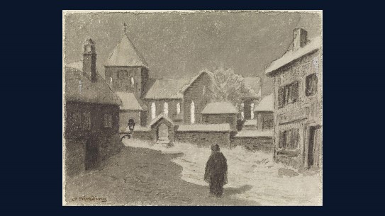 Otto Sinding, «Det var så stilt på gaten, og hun så ikke et menneske på veien», ca. 1879 En skikkelse befinner seg i en folketom snøkledt gate omkranset av hus.